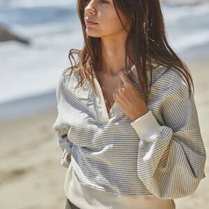 By Together Cream and Gray V-Neck Sweater